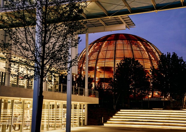 Science Gateway and Globe at night postcard